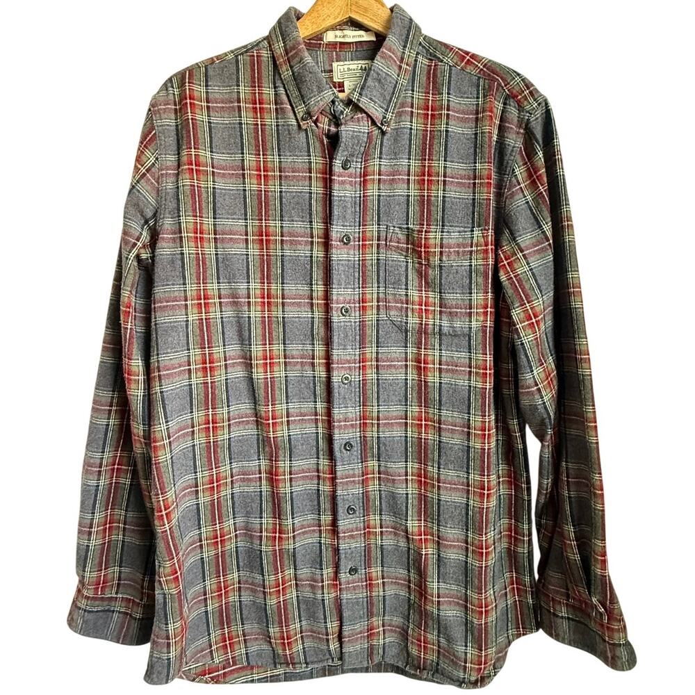 L.L. Bean Slightly Fitted Gray Red Plaid Flannel Shirt L Tall
